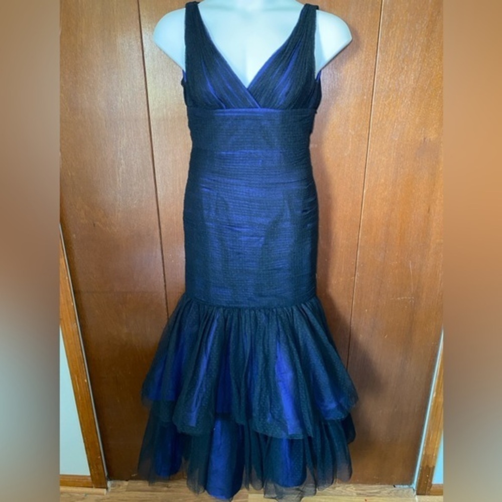 ML MONIQUE LHUILLIER Royal Blue Black Tulle Polka Dot Trumpet‎ Gown Dress sz 2